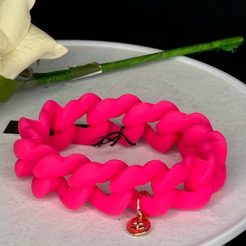 Marc By Marc Jacobs Pop Pink Gold Turnlock Rubber Chubby Link Stretch Bracelet